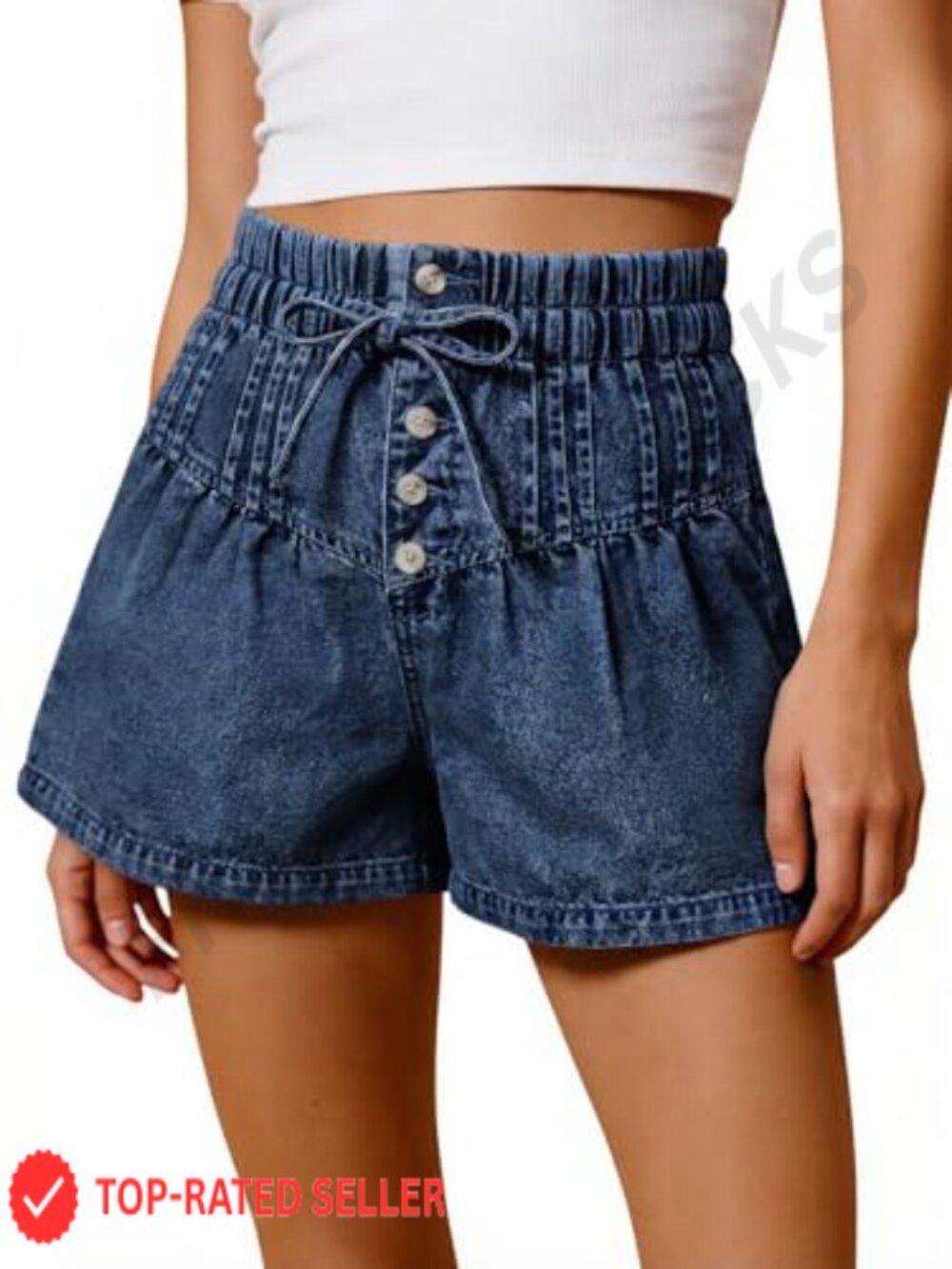 Flowy Drawstring Elastic Waist Pleated Denim Skorts